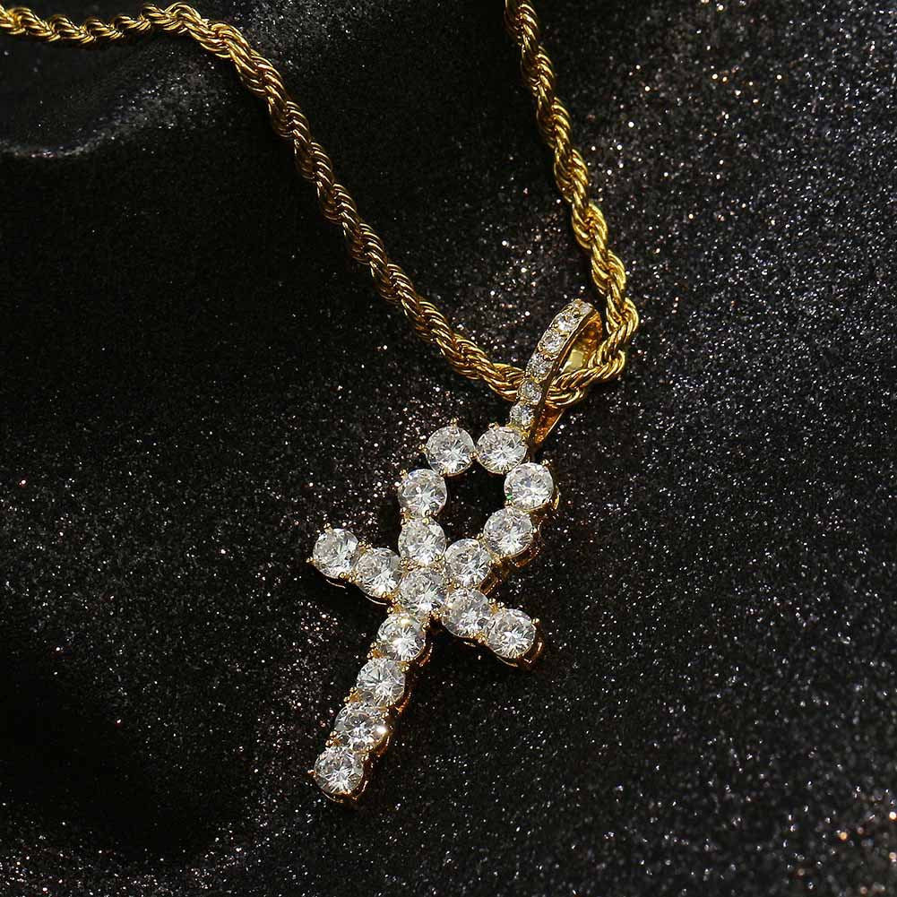 Micro Paved Zircon Hip Hop Anka Key Cross Hip Hop Pendant Necklace