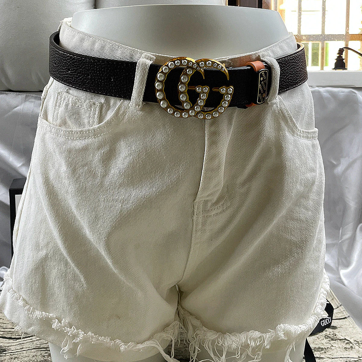 4 Colors Luxury Double G Pearl Litchi Pattern Double Sided Belt