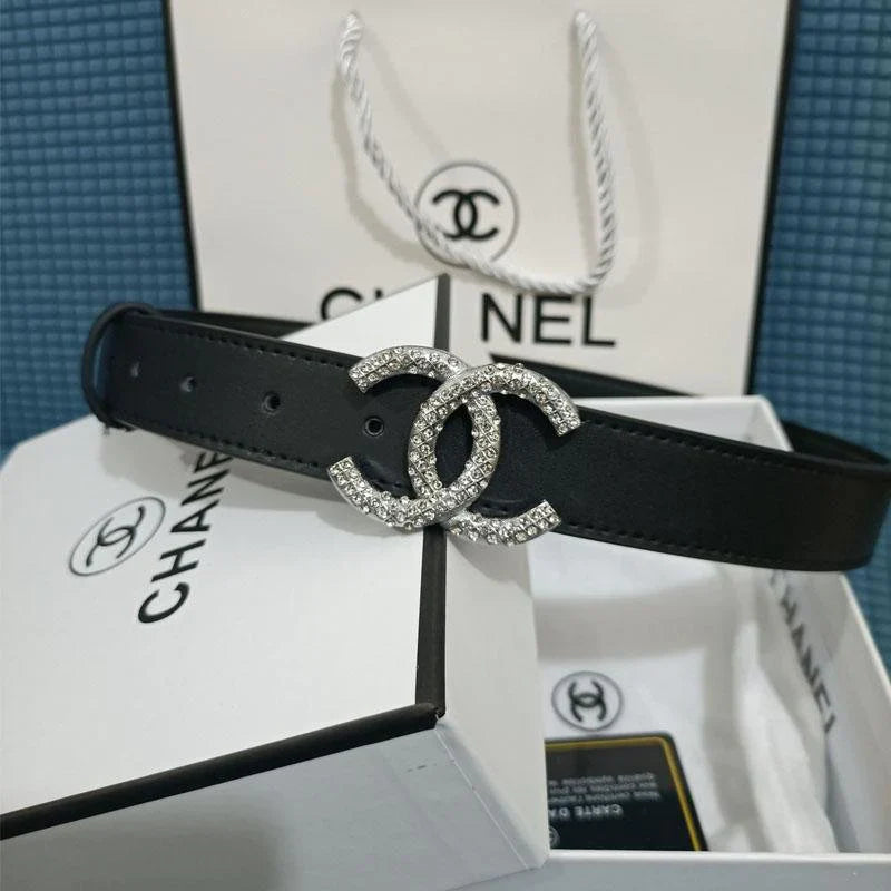 2 Colors Luxury Double C Diamond Black Leather Belt