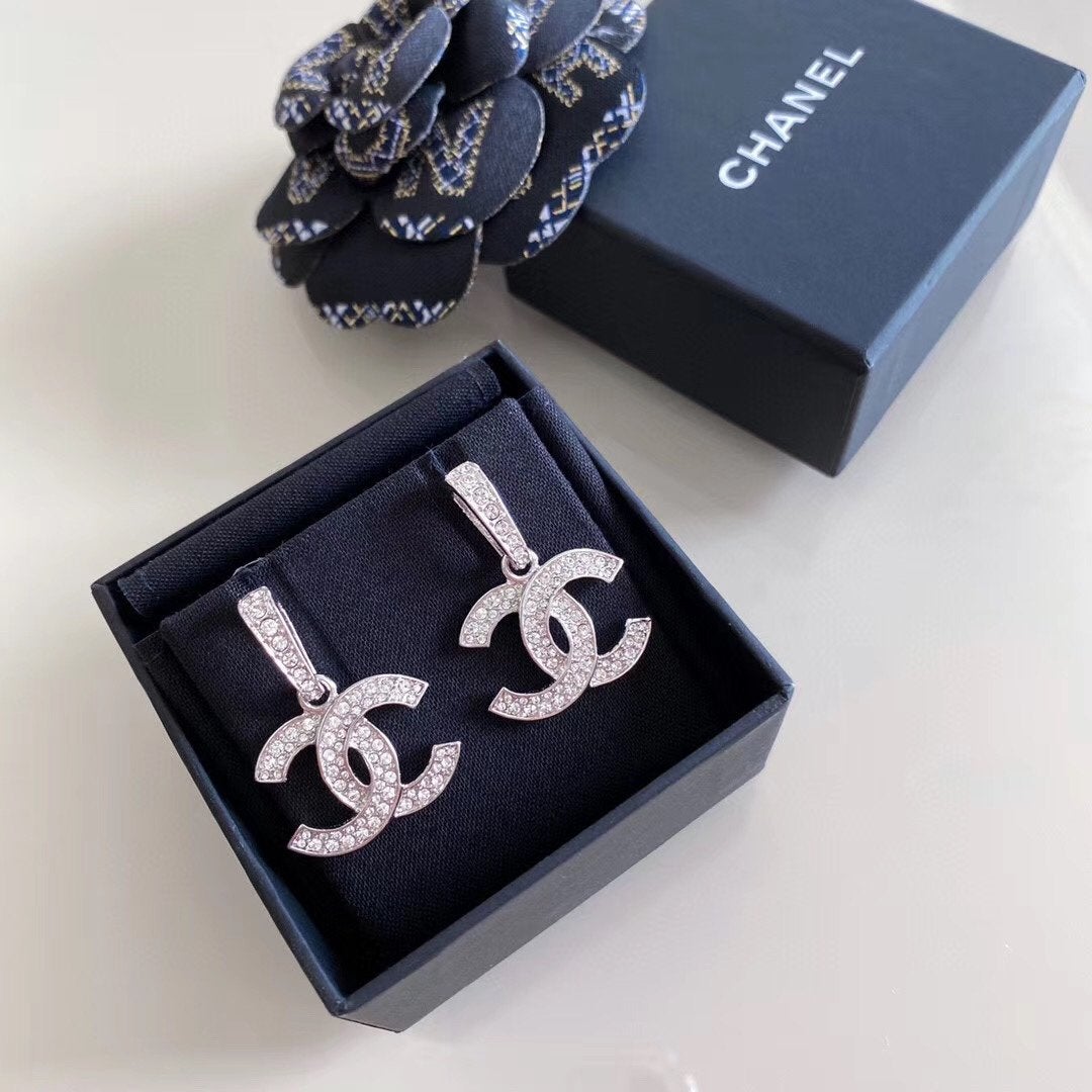 Elegant Rhinestone Double C Pendant Earrings