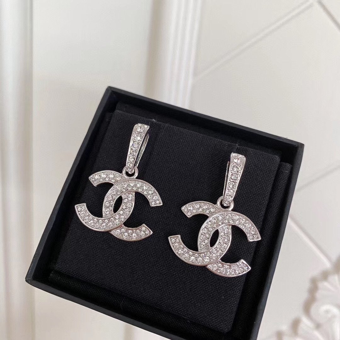 Elegant Rhinestone Double C Pendant Earrings