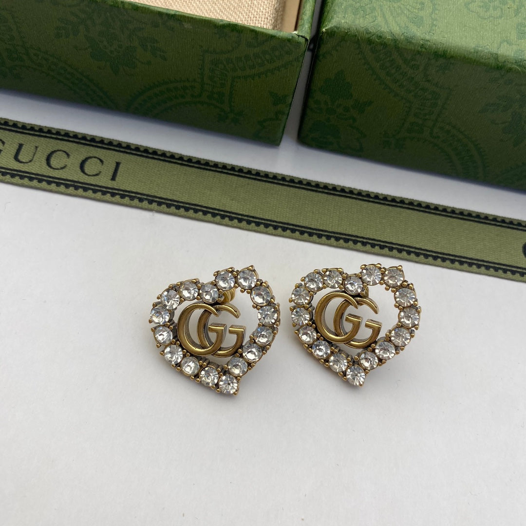 Fashion double G heart-shaped rhinestone earrings