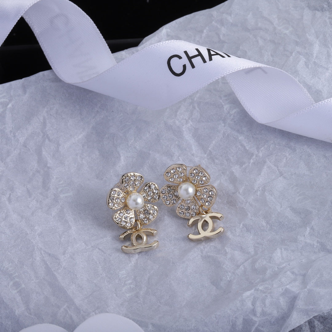 Classic Double C Flower Pearl Rhinestone Earrings