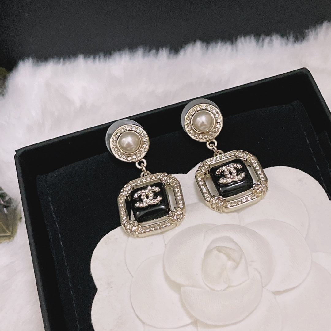 Classic CC Square Pearl Rhinestone Drop Earrings