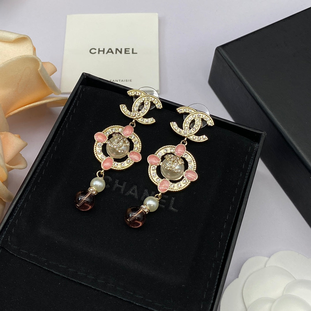 Fashion double C rhinestone pearl drop earrings