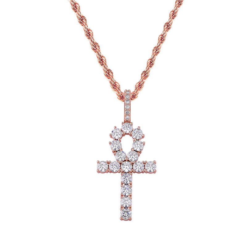 Micro Paved Zircon Hip Hop Anka Key Cross Hip Hop Pendant Necklace