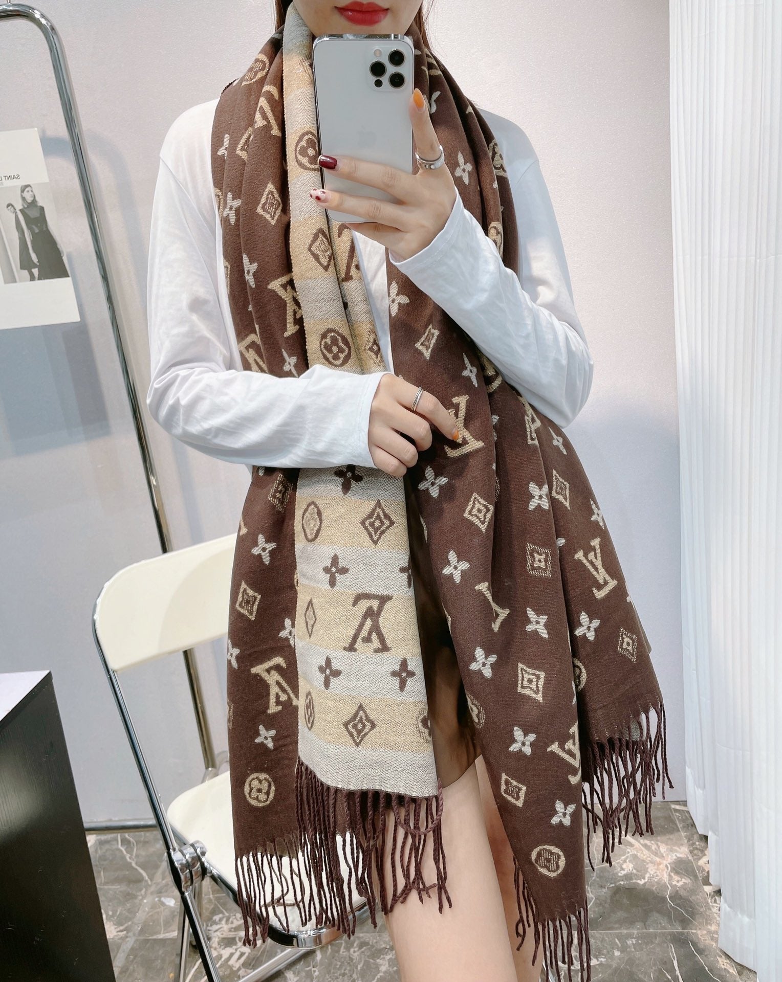 Classic Monogram Warm Fringe Scarf Shawl