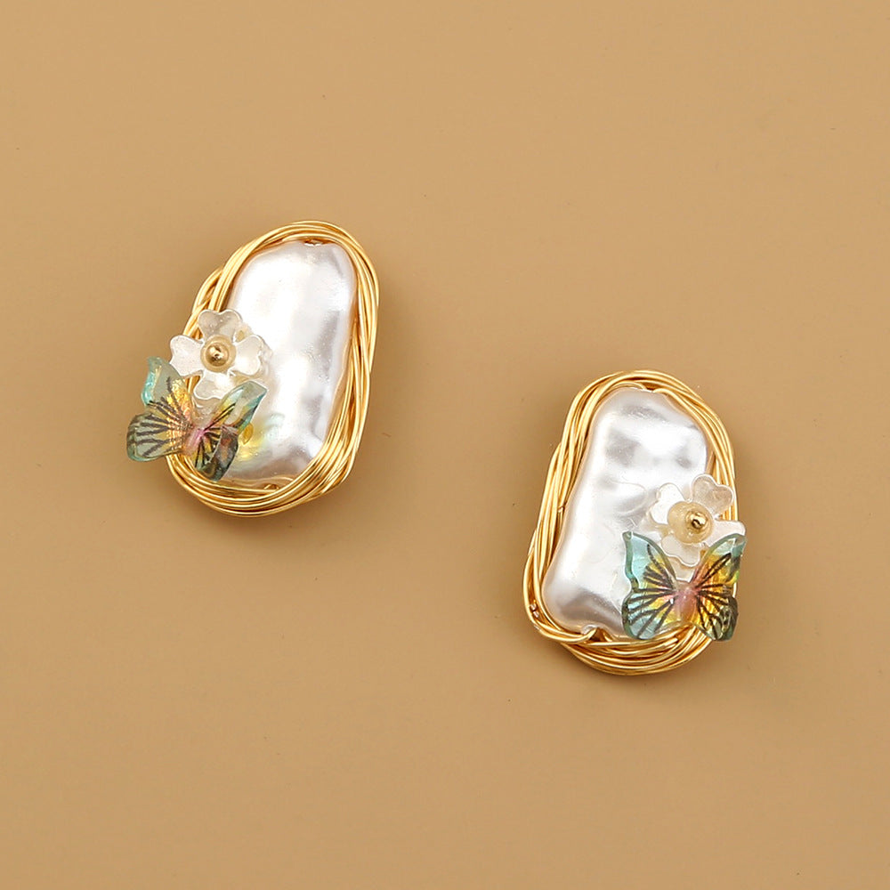 Elegant Hand-Wound Baroque Pearl Butterfly Stud Earrings