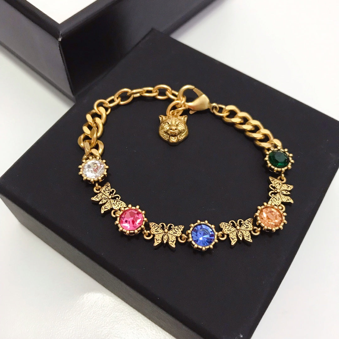 Colorful Diamond Butterfly Tiger Head Bracelet