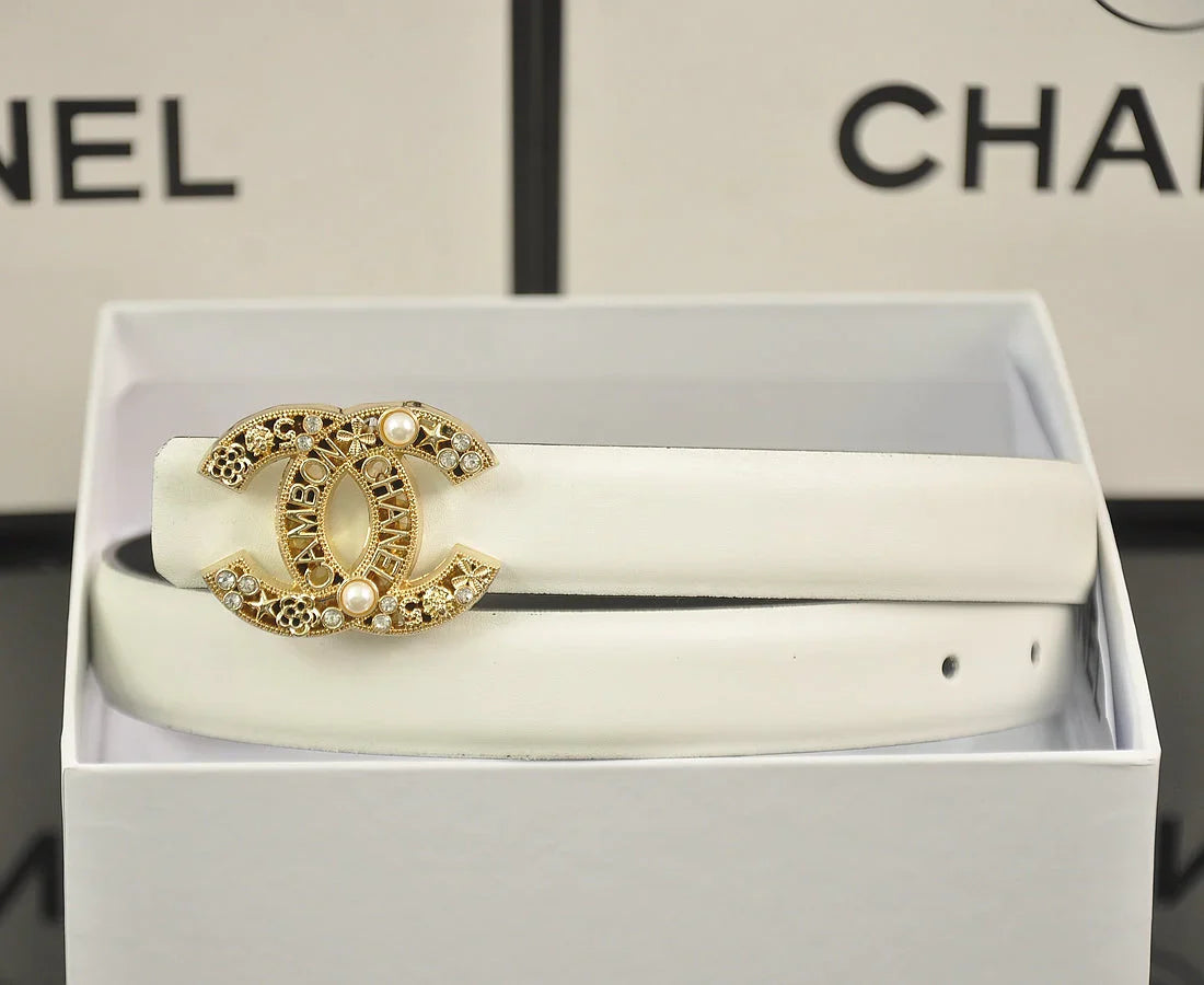 6-color luxurious double C hollow-out LOGO pearl belt