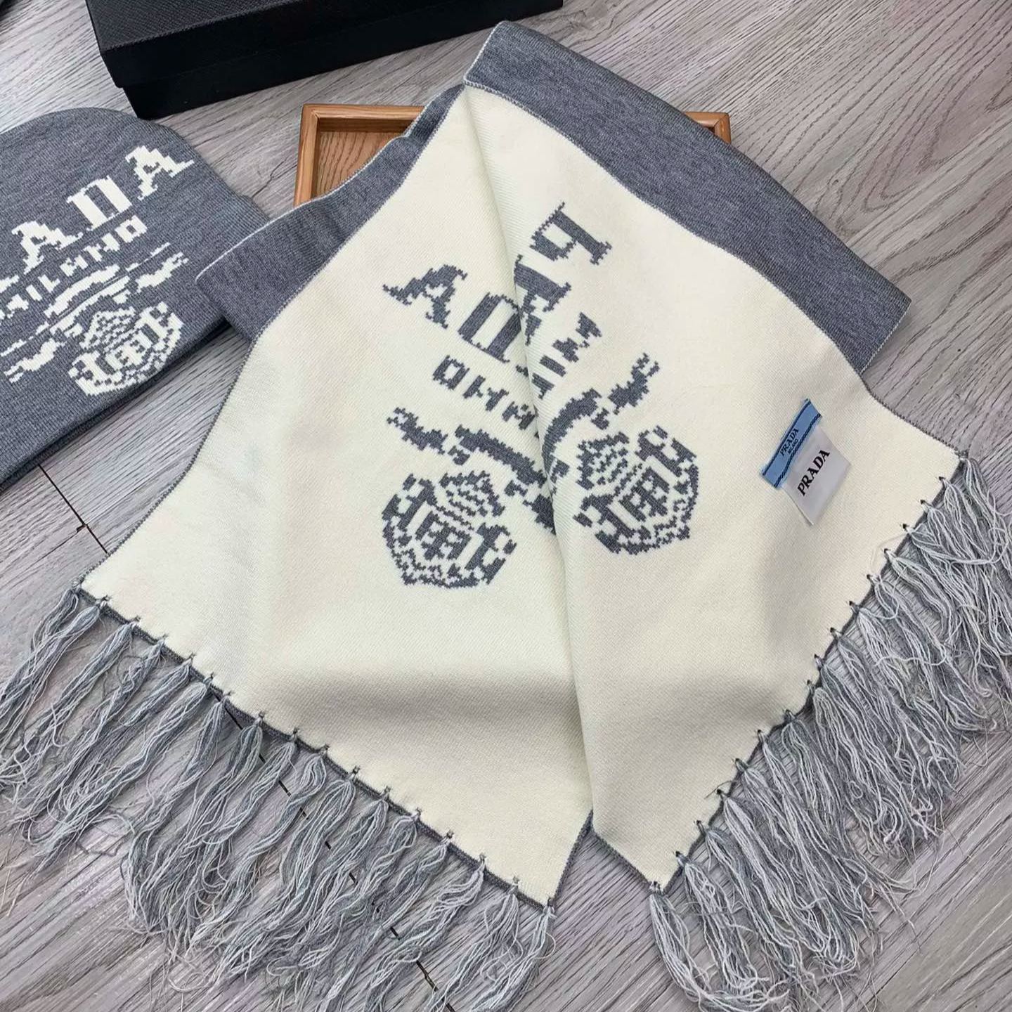 Monogram Jacquard Tassel Scarf Hat Set