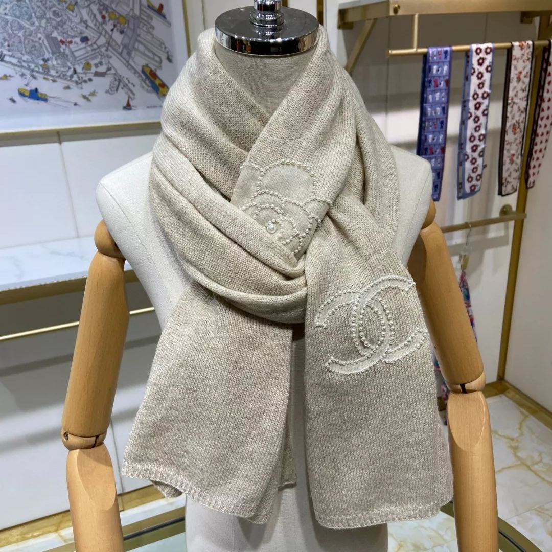 Elegant Camellia Pearl Cashmere Scarf