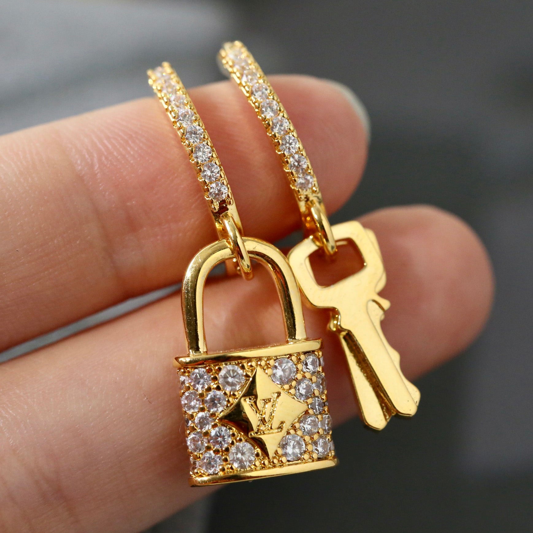 Sparkling Full Zircon Lock Key Earrings