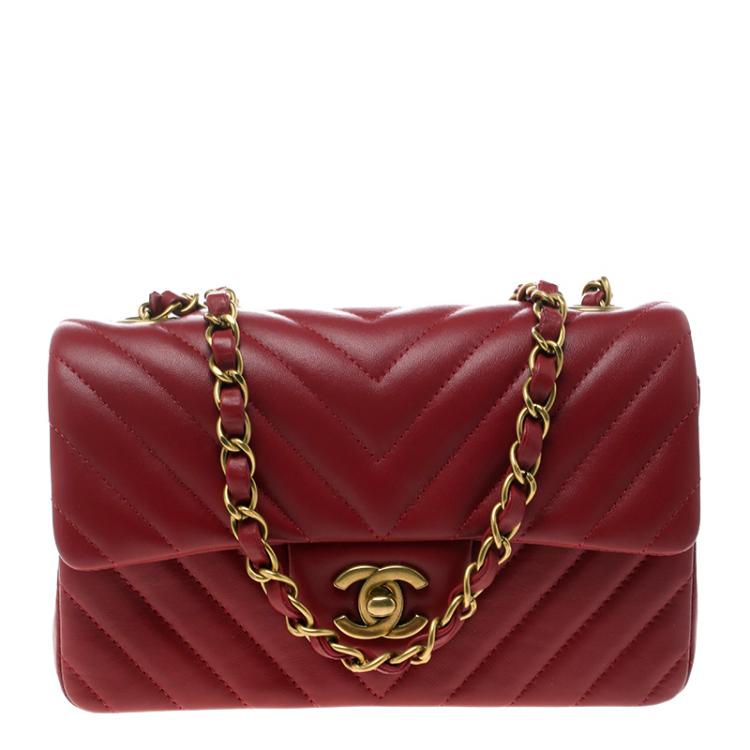 Dark Red Chevron Leather New Mini Classic Flap Bag