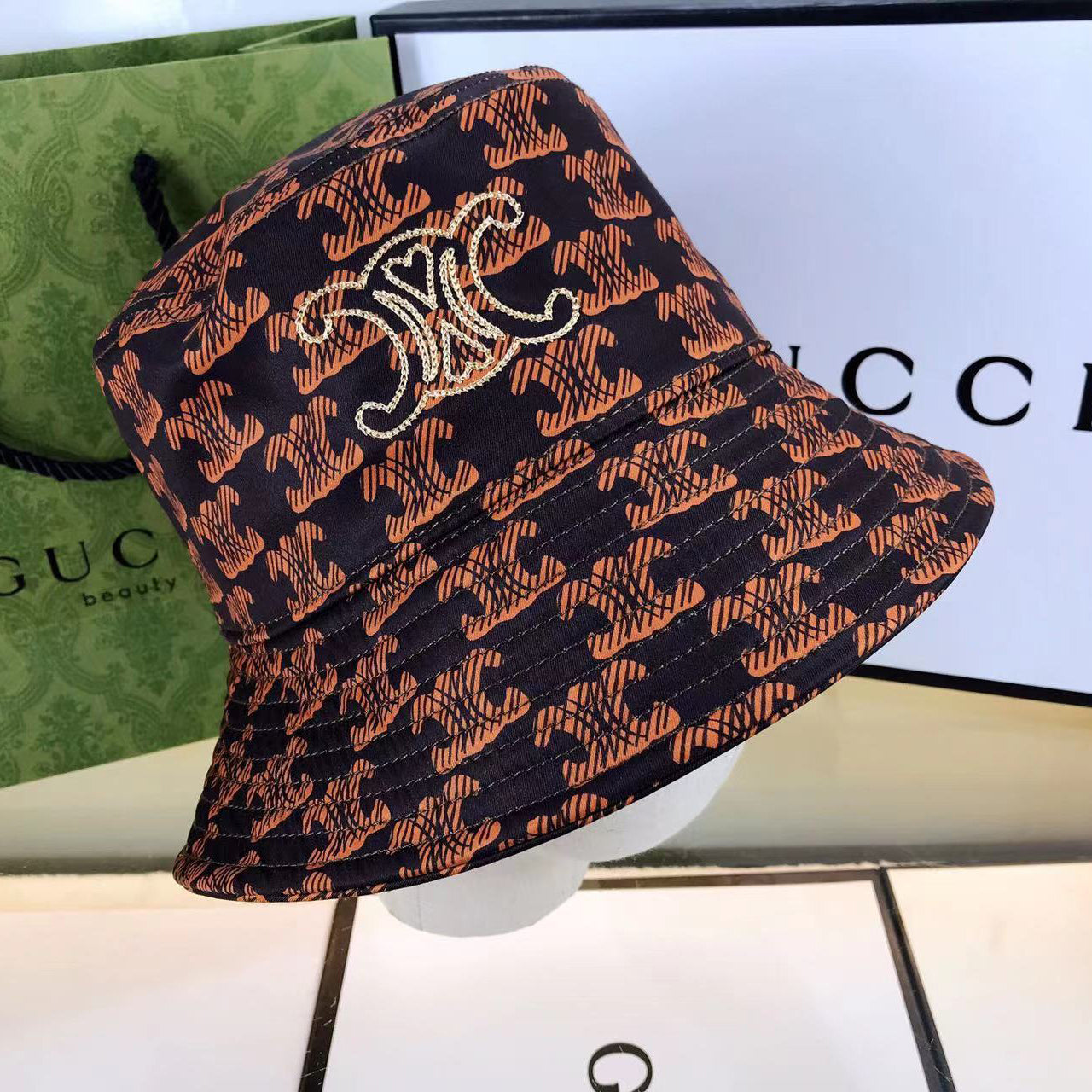 Embroidered Monogram Print Bucket Hat