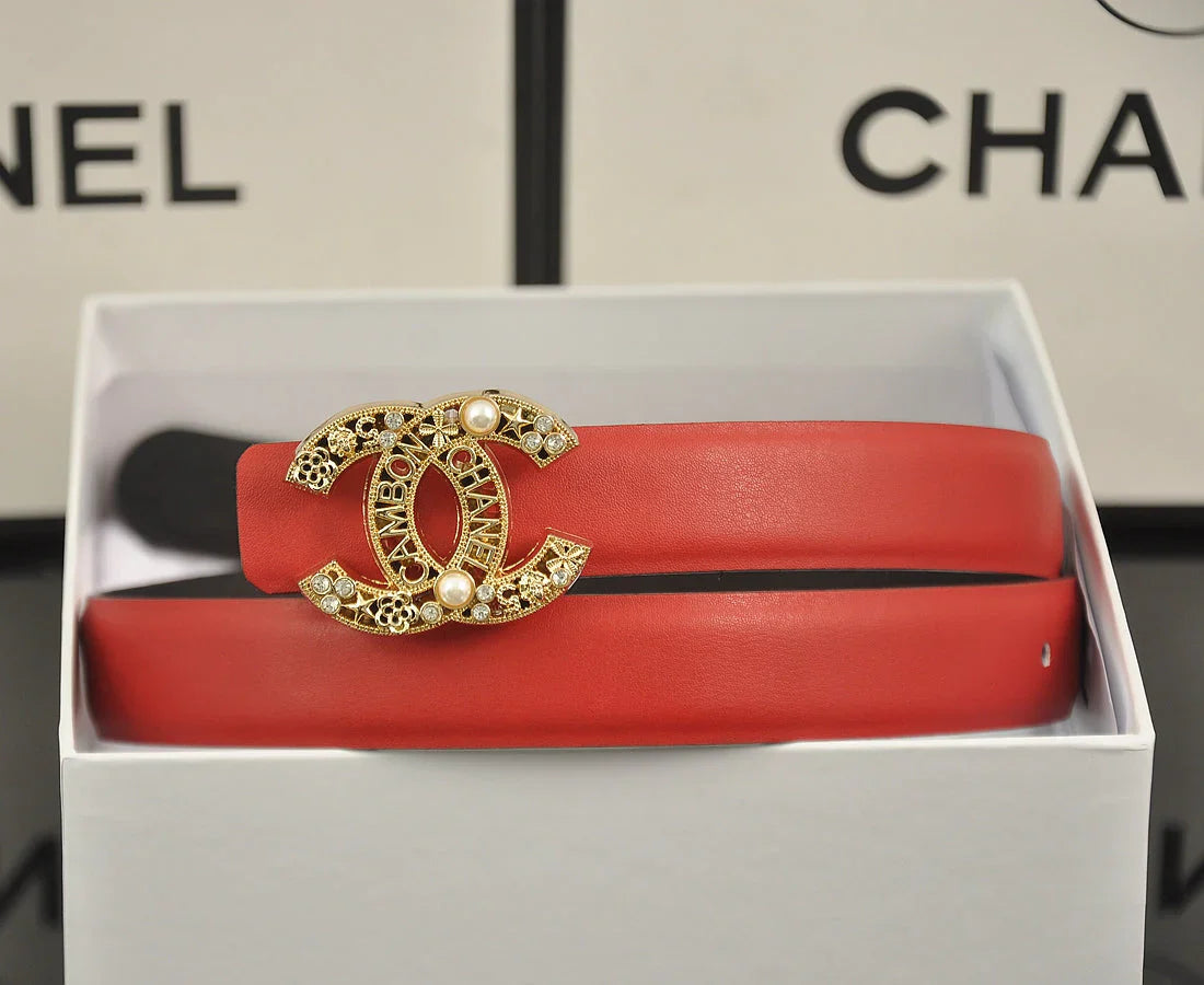 6-color luxurious double C hollow-out LOGO pearl belt