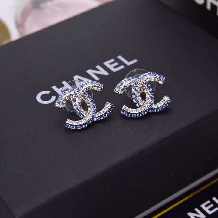 Blue Double Row Diamond Letter Earrings