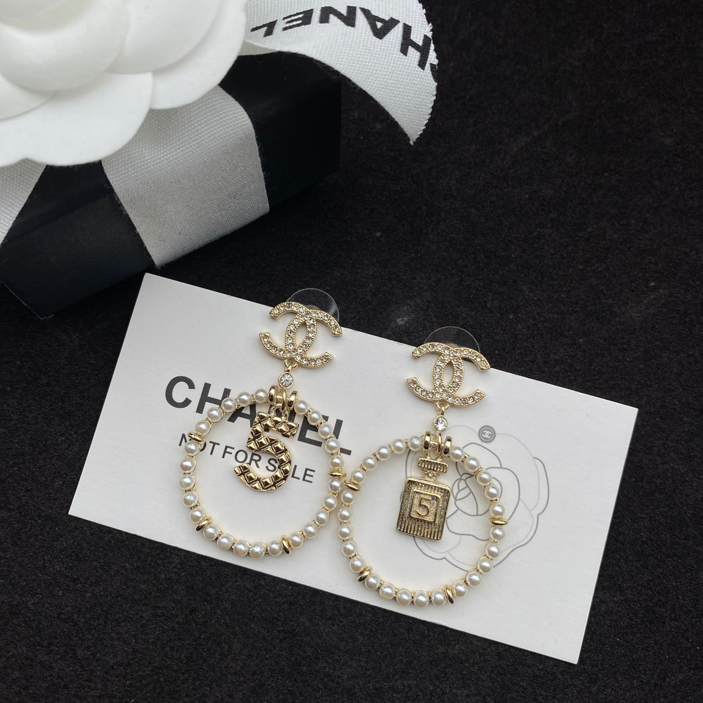 Lucky 5 Perfume Bottle Pendant Pearl Earrings