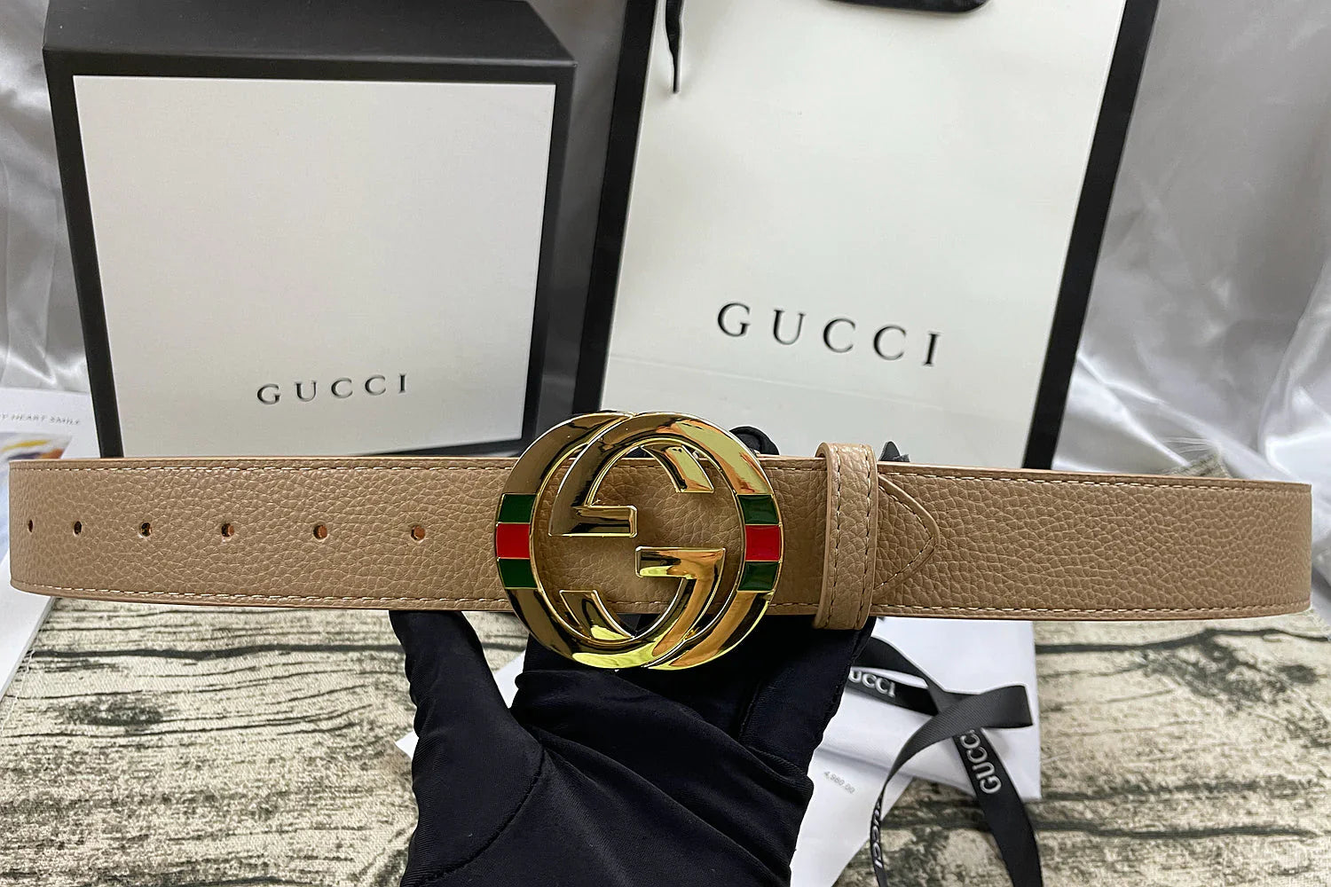 4 Colors luxury double-G three-layer lychee pattern double-sided belt