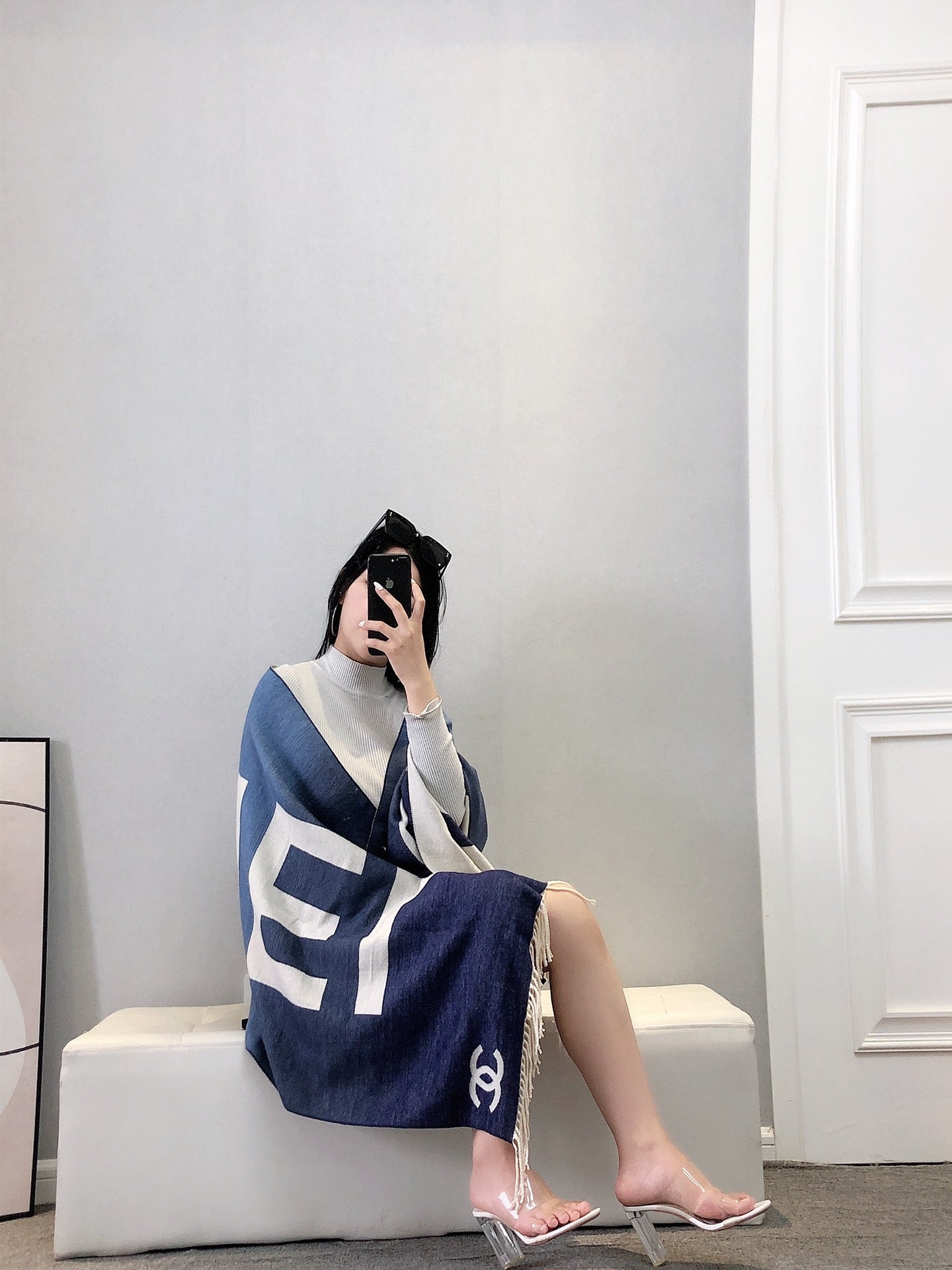 Gradient Oversized Logo Fringe Scarf Shawl