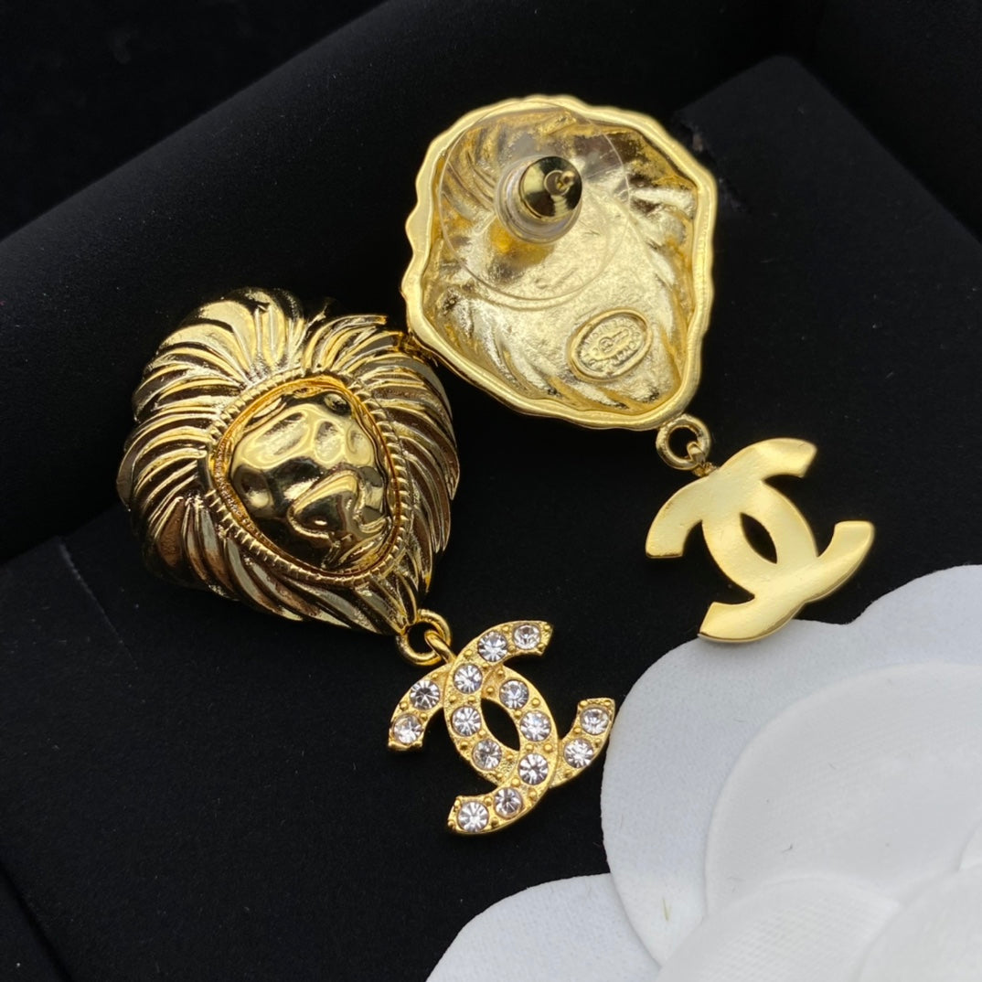 Lion Head Diamond Drop Earrings