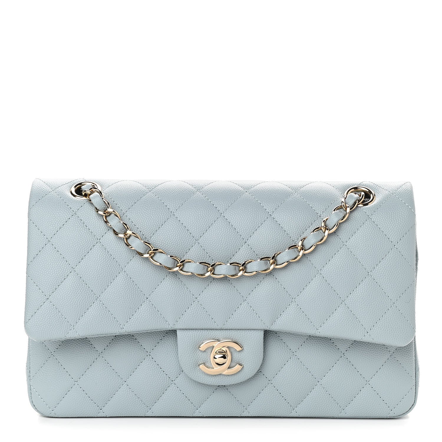 Caviar Quilted Medium Double Flap Light Blue