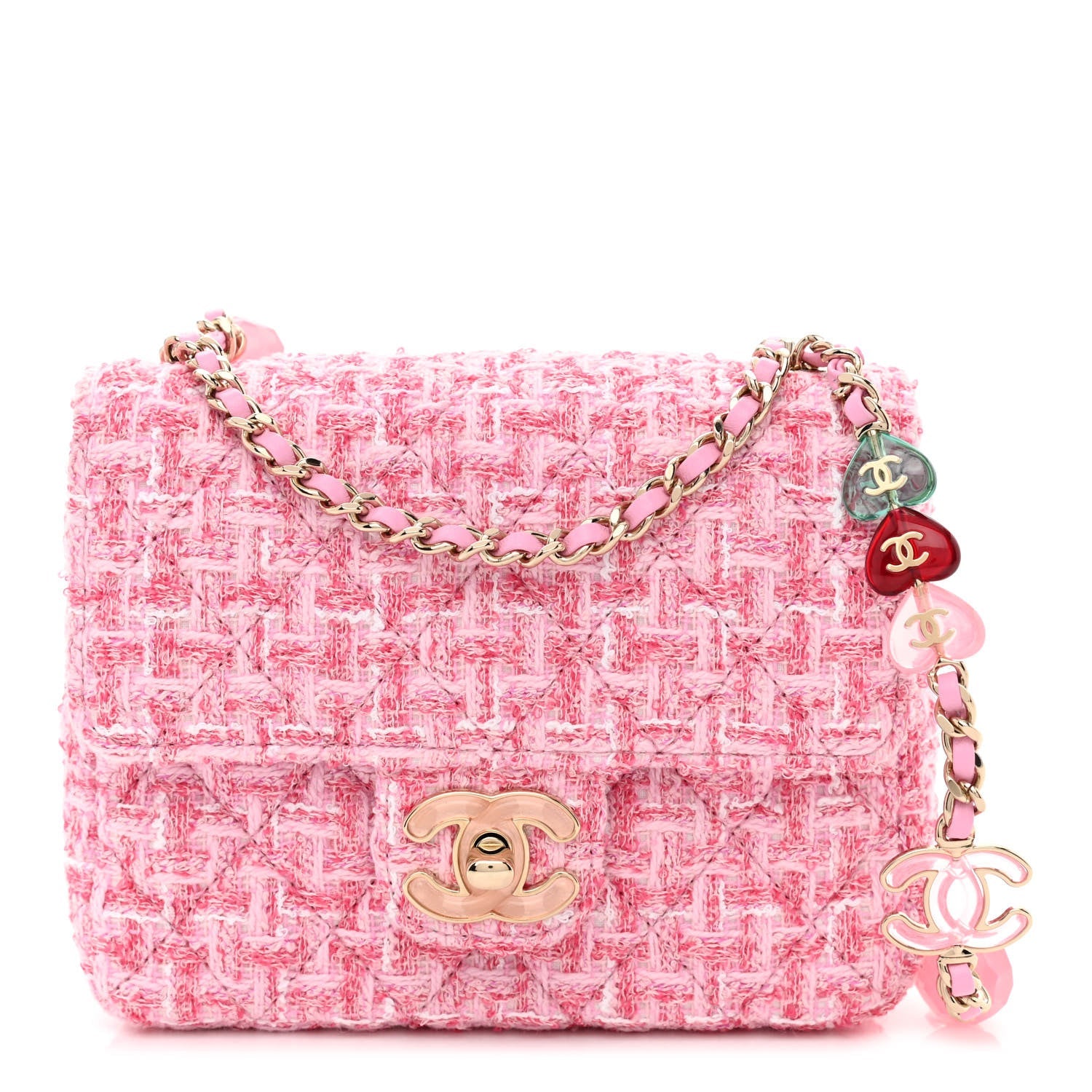 Tweed Resin Quilted Mini Heart Square Flap Pink White