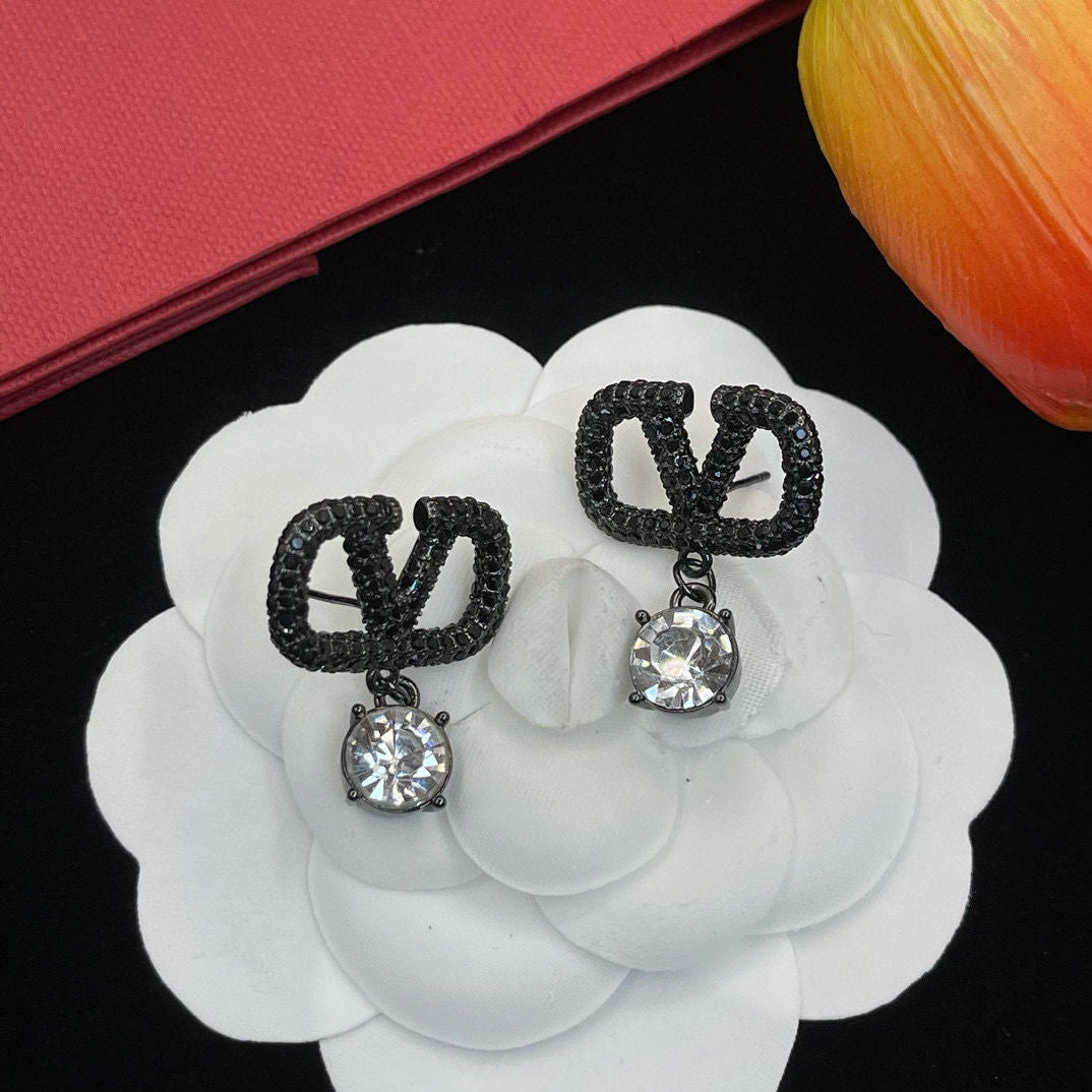 Full Diamond V Letter Earrings