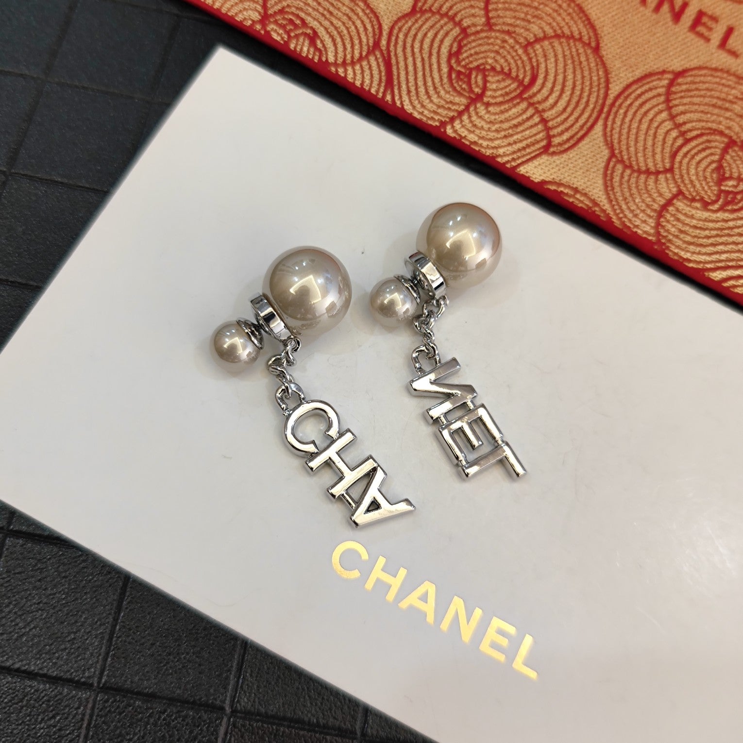 Rhinestone Letters Pendant Pearl Earrings