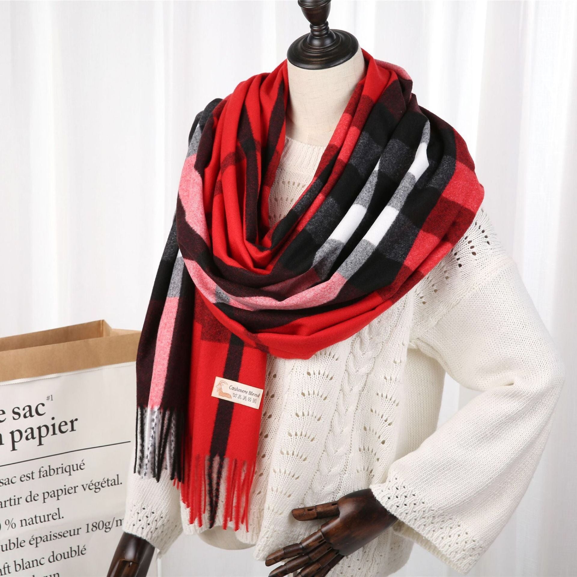 New Checked Cashmere Tassel Scarf