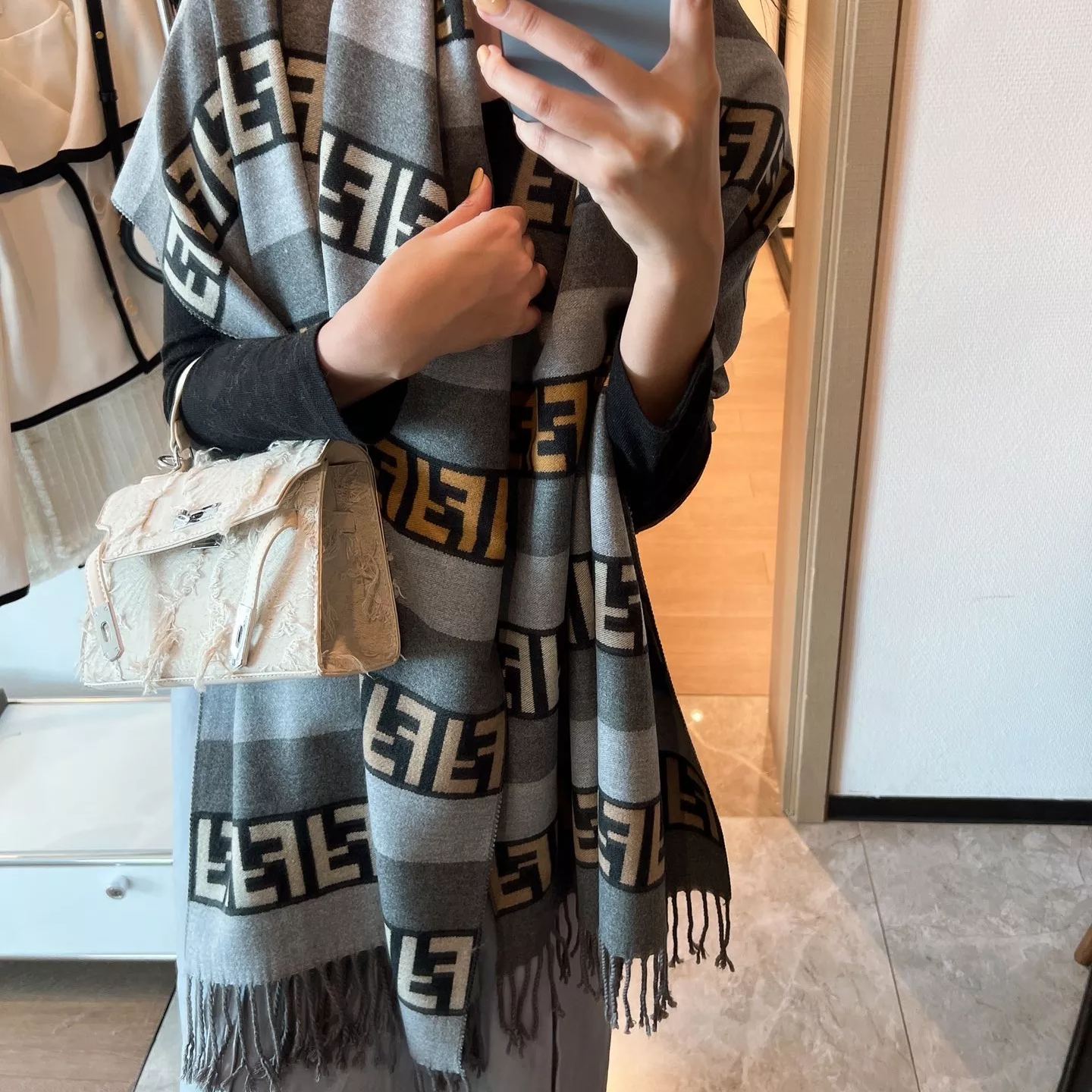 F-letter Cashmere Fringed Scarf Shawl