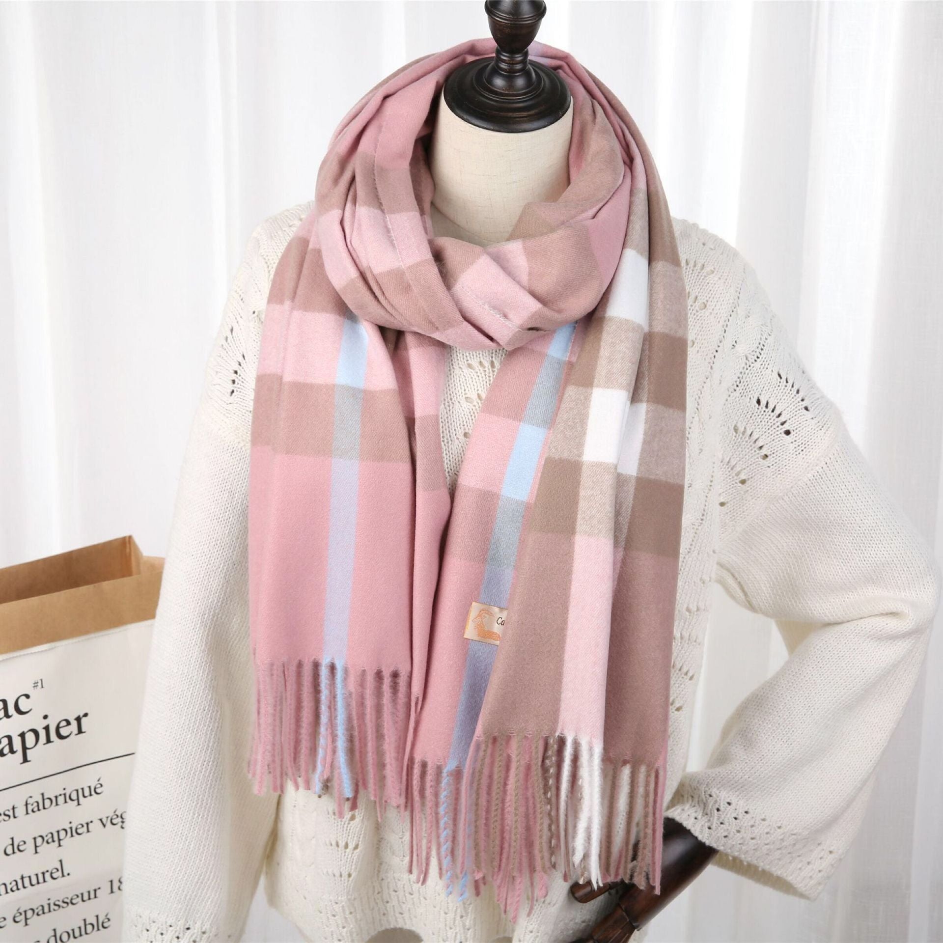 New Checked Cashmere Tassel Scarf