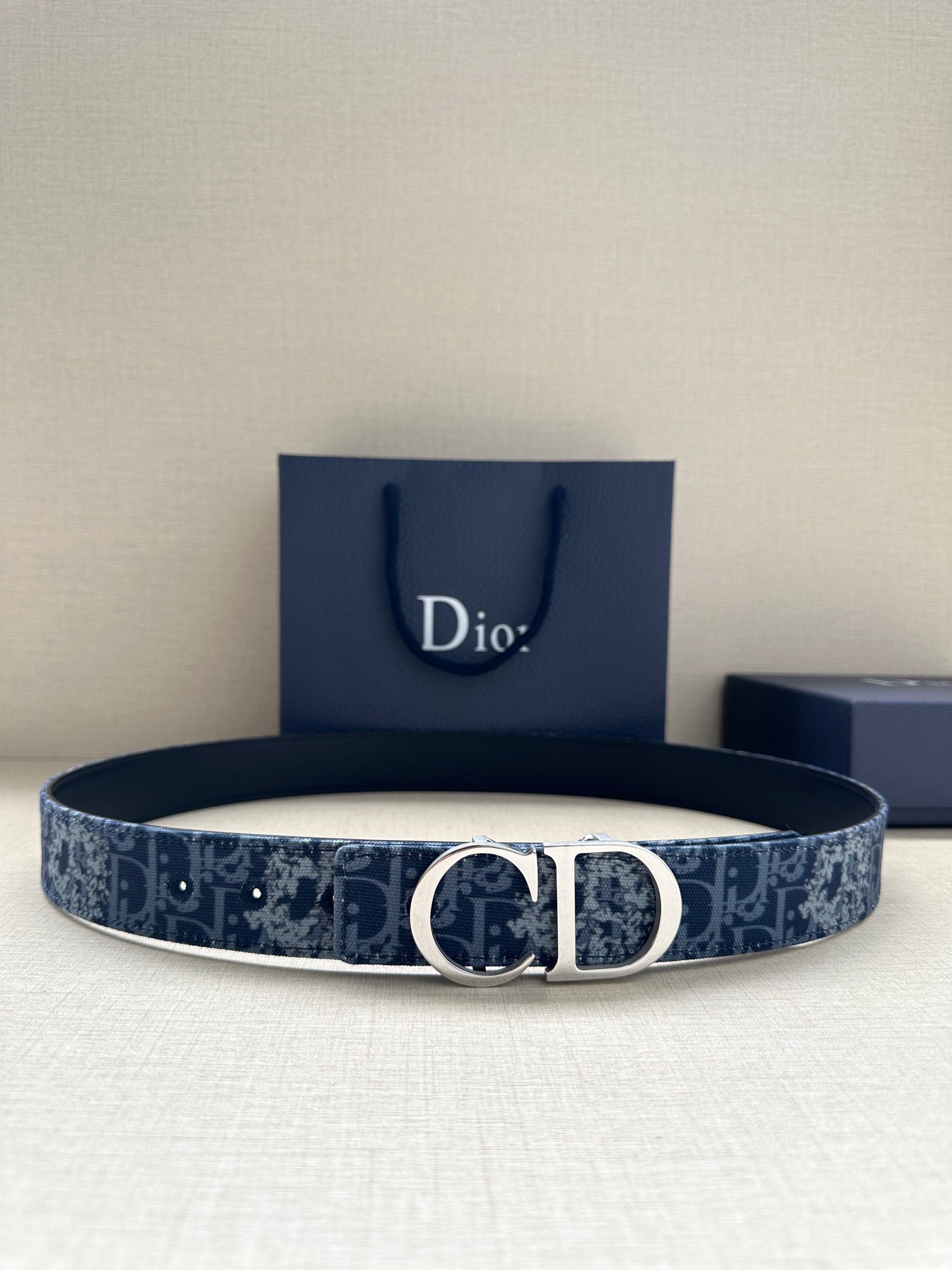 Double-sided belt 35mm blue denim and smooth cowhide belt