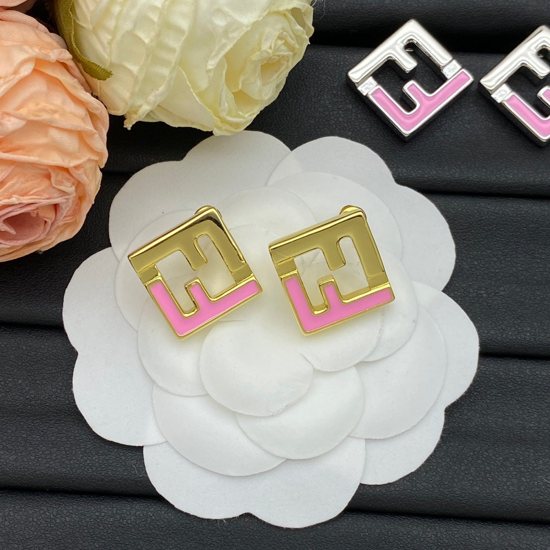 F Square Peach-Coloured Metal Earrings